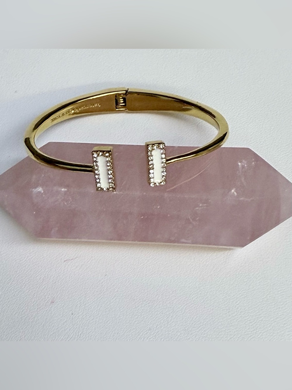Kate Spade Raising The Bar Hinged Cuff Bracelet Gold Tone Pavé Crystal Cream